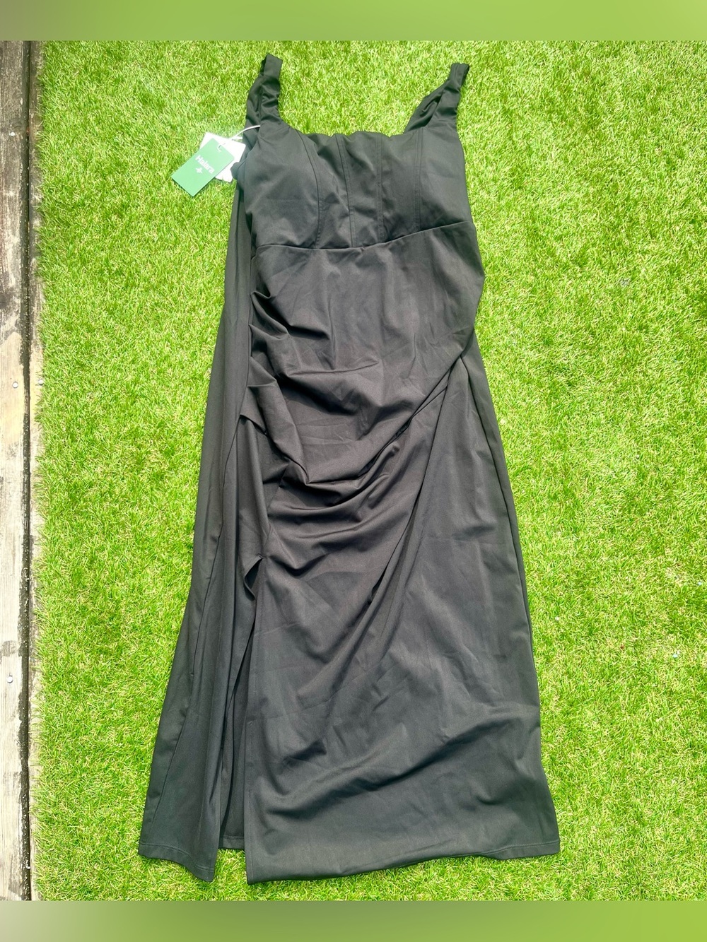 HALARA SoftlyZero Airy Square Neck Ruched Bodycon Black Dress NEW - Picture 3 of 11
